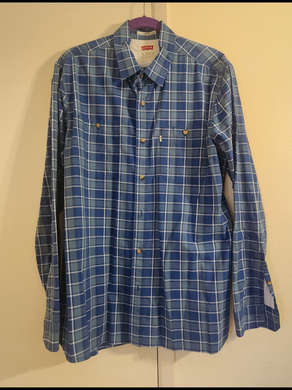 Levi's Men's Blue and White Plaid Button-Down Shirt